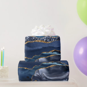 Blue Gold Glitzer Agate Marble Trendy Chic Geschenkpapier