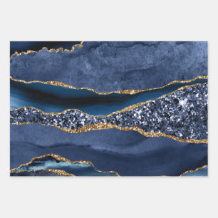Blue Gold Glitzer Agate Marble Trendy Geschenkpapier Set