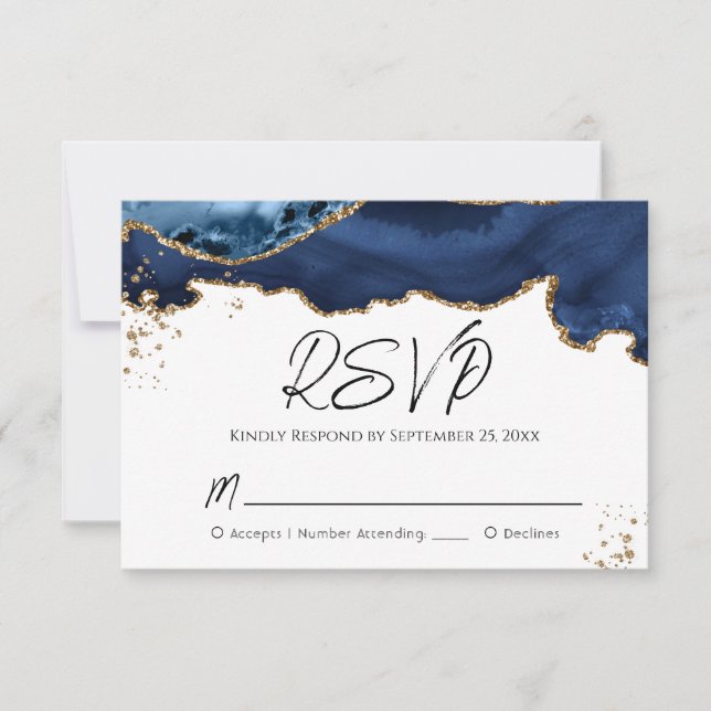 Blue Gold Glitzer Agate Stone Wedding RSVP Card (Vorderseite)