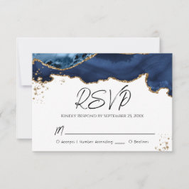 Blue Gold Glitzer Agate Stone Wedding RSVP Card