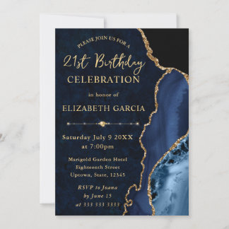 Blue & Gold Glitzer Agate und Marmor Geburtstag Einladung