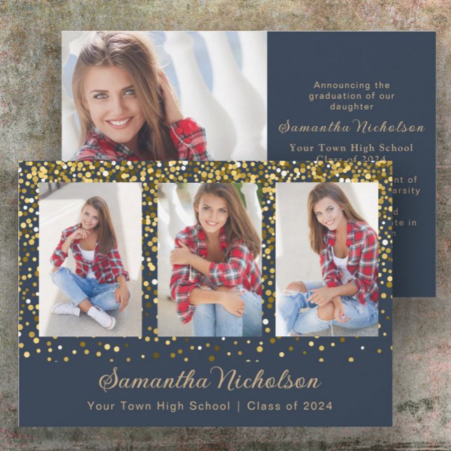 Blue Gold Glitzer Class 2024 Abschluss (Navy blue and gold glitter 4-photo graduation announcement)
