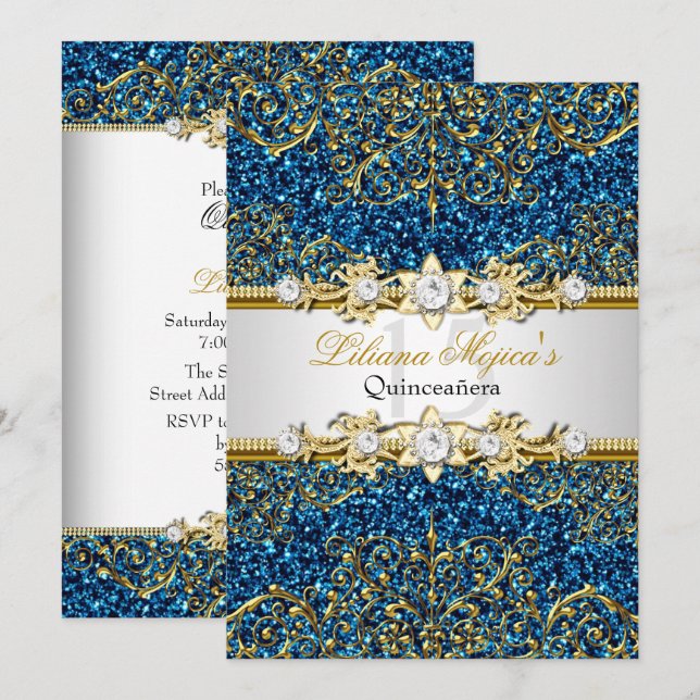 Blue Gold Glitzer Damask Quinceanera Einladung (Vorne/Hinten)