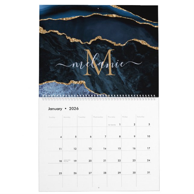 Blue Gold Glitzer Kalender Individuelle Name und B (Jan 2026)