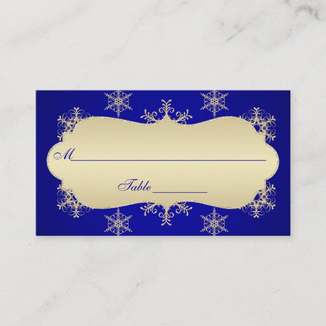 Blue, Gold Glitzer LOOK Snowflakes Placecards Platzkarte (Vorderseite)