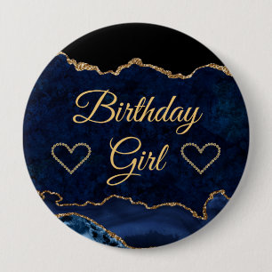 Blue & Gold Glitzer Marble Agate Birthday Girl Button