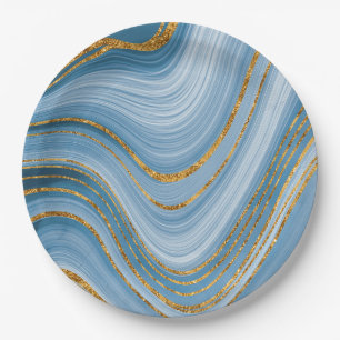 Blue Gold Glitzer Marble Elegante Abstrakt  Pappteller