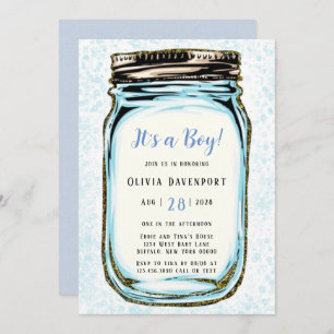 Blue Gold Glitzer Mason Jar Boy Baby Dusche Einladung