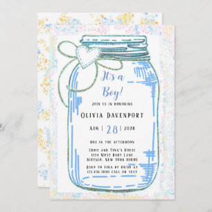 Blue Gold Glitzer Mason Jar Boy Baby Dusche Einladung