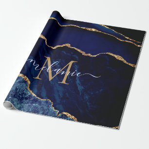 Blue Gold Glitzer Monogram Name Wrapping Paper Geschenkpapier
