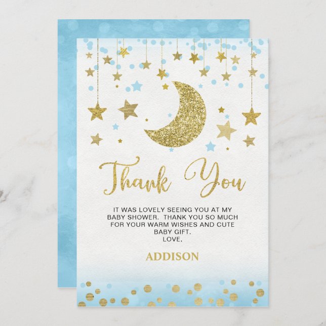 Blue Gold Glitzer Moon Baby Dusche Danke Karte (Vorne/Hinten)