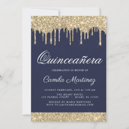 Blue Gold Glitzer Quinceñera Celebration Einladung