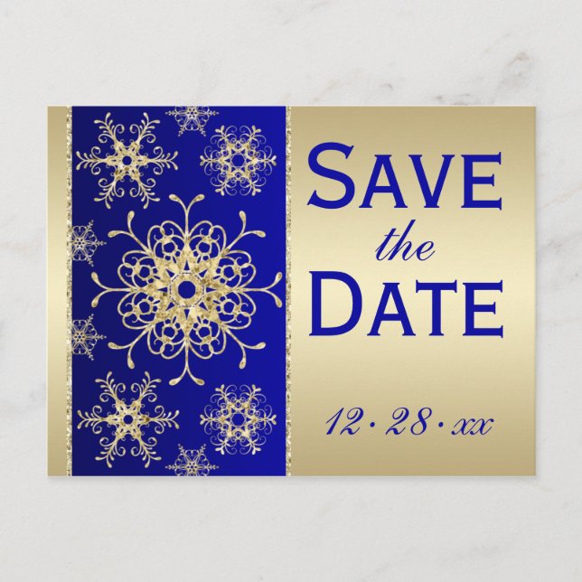 Blue, Gold Glitzer Snowflakes Rett Datum Postkarte (Vorderseite)