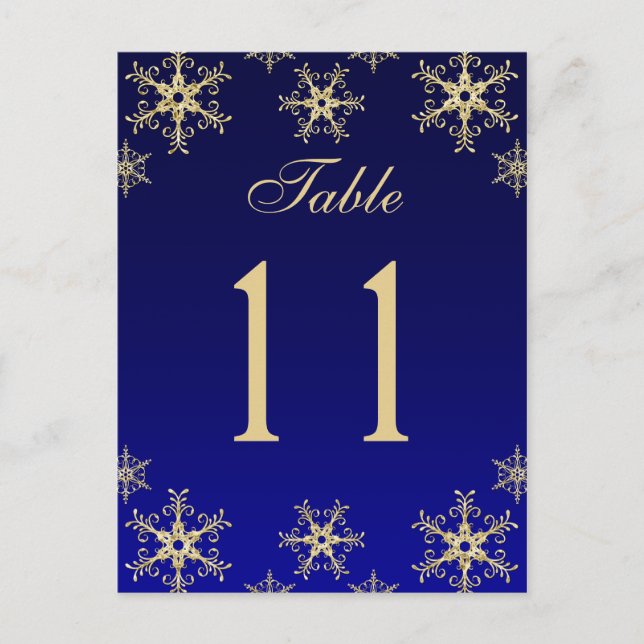 Blue, Gold Glitzer Snowflakes Tischnummer Card (Vorderseite)