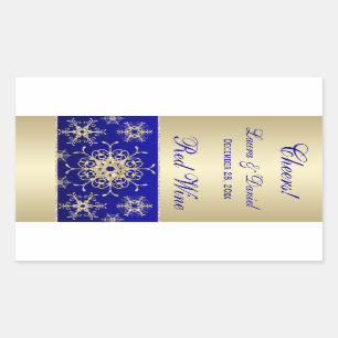 Blue, Gold Glitzer Snowflakes Weinetikett Rechteckiger Aufkleber