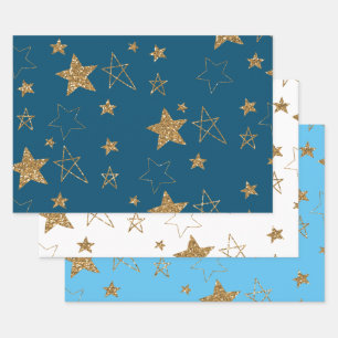 Blue Gold Glitzer Stars Geschenkpapier Set