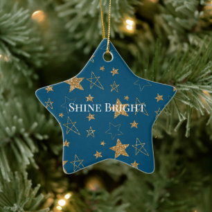 Blue Gold Glitzer Stars Keramik Ornament