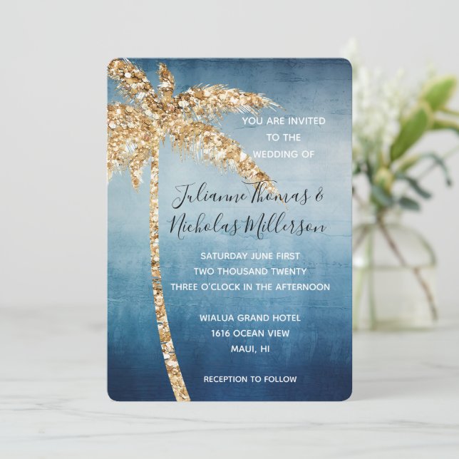 Blue Gold Glitzer Tropical Palm Tree Wedding Einladung (Stehend Vorderseite)