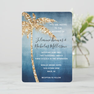 Blue Gold Glitzer Tropical Palm Tree Wedding Einladung