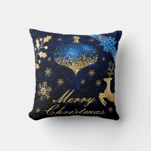 Blue & Gold Glitzer Weihnachtsbauble und Ribbon Kissen