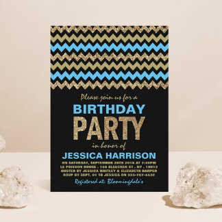 Blue & Gold Glitzer Zickzack Geburtstagsparty Einladung