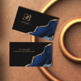 Blue Gold Glitzern Agate Geode Monogram Telefonnummerkarte