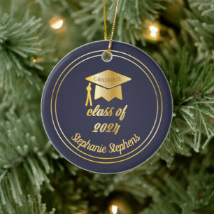 Blue Gold Graduate Cap Abschluss 2024 Foto Keramik Ornament