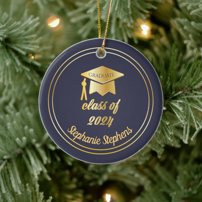 Blue Gold Graduate Cap Abschluss 2024 Foto Keramik Ornament (Baum)