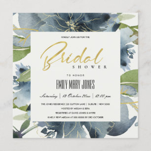BLUE GOLD GREEN FLORAL WATERCOLOR BRAUTPARTY EINLADUNG