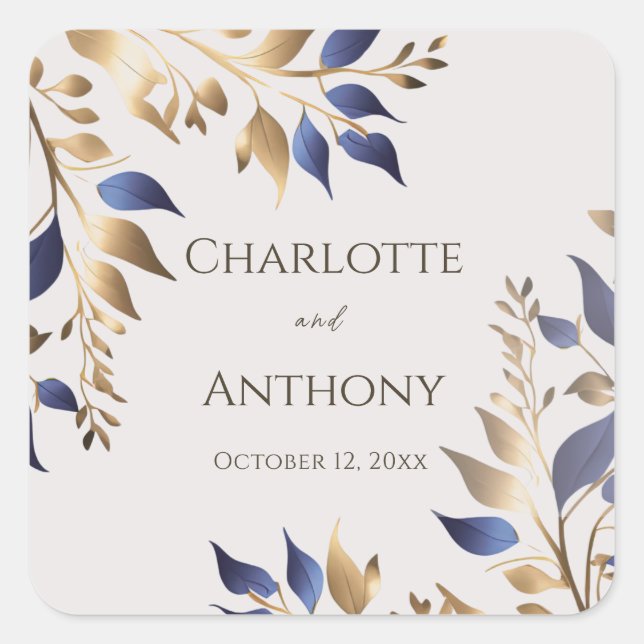Blue Gold Greenery Moderne Hochzeit Quadratischer Aufkleber (Vorderseite)