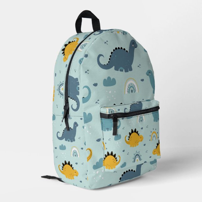 Blue Gold Happy Dinosaurs Boho Pattern Bedruckter Rucksack (Rückseitige Ecke links)