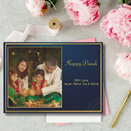 Blue Gold Happy Diwali Foto Personalisiert Gruß Feiertagskarte