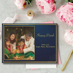 Blue Gold Happy Diwali Foto Personalisiert Gruß Feiertagskarte
