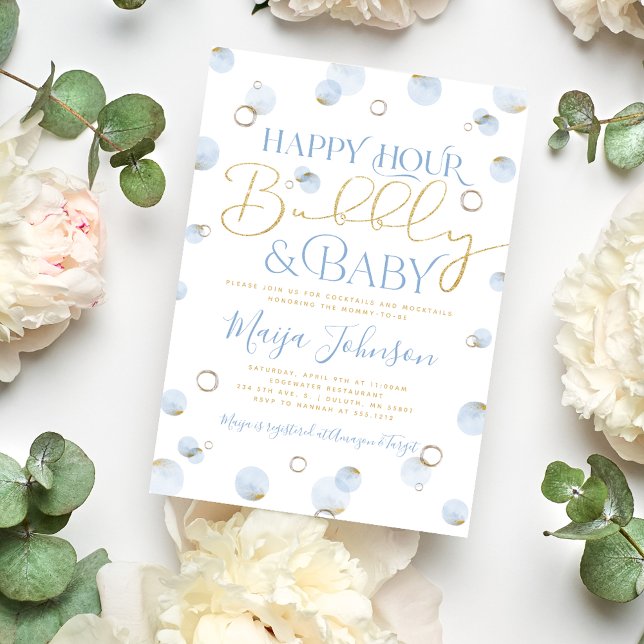 Blue Gold Happy Hour Bubbly und Baby Shower Einladung (Von Creator hochgeladen)