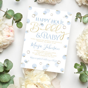 Blue Gold Happy Hour Bubbly und Baby Shower Einladung