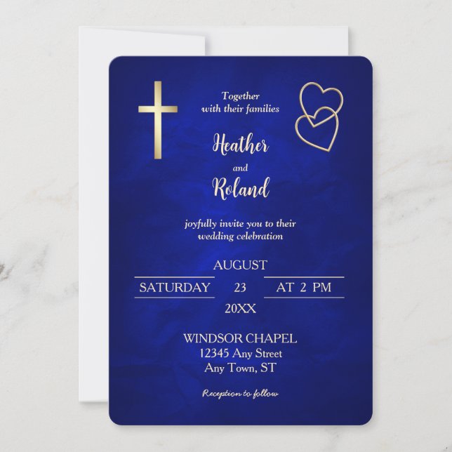 Blue Gold Hearts Christlich Cross Wedding Einladung (Vorderseite)