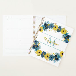 Blue Gold Herbst Floral Wreath Monogram Planer