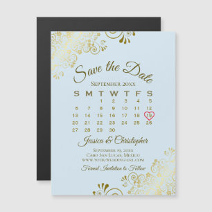 Blue & Gold Hochzeit Sichern Sie das Date Calendar Magnetkarte