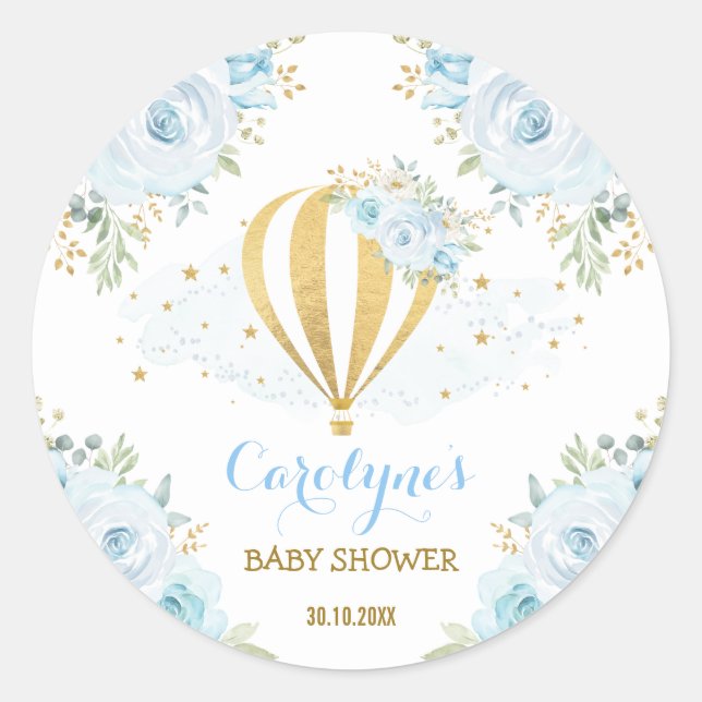 Blue Gold Hot Air Ballon Reiseabenteuer Floral Runder Aufkleber (Vorderseite)