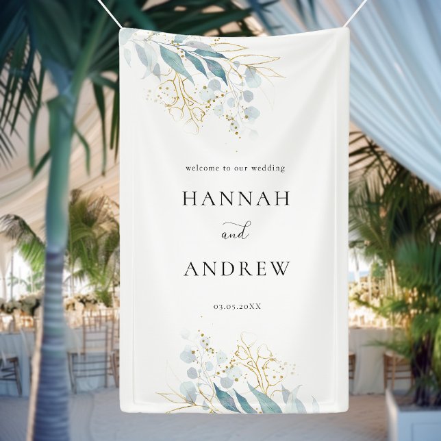 Blue Gold (Imitat) White Wedding Collection Banner (Elegant Botanical Eucalyptus Blue Gold (Imitat) White Wedding Banner with your Name & Date.)