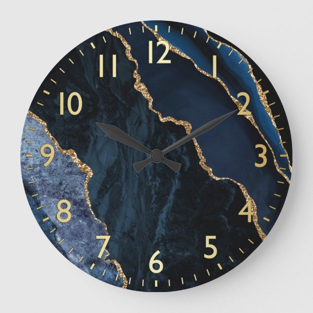 Blue & Gold Imitate Glitzer Marble Agate Große Wanduhr (Vorderseite)
