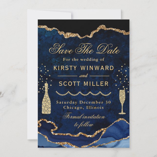 Blue & Gold Imitats Glitzer Marble Agate Wedding Save The Date (Vorderseite)