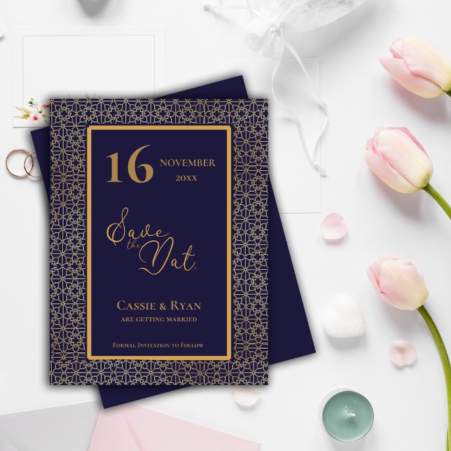Blue Gold Intricate Design Wedding Save the Date Einladungspostkarte (Blue Gold Intricate Design Wedding Save the Date Invitation Postcard)