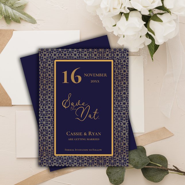 Blue Gold Intricate Design Wedding Save the Date Magnetkarte (Blue Gold Intricate Design Wedding Save the Date)