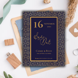 Blue Gold Intricate Design Wedding Save the Date Postkarte