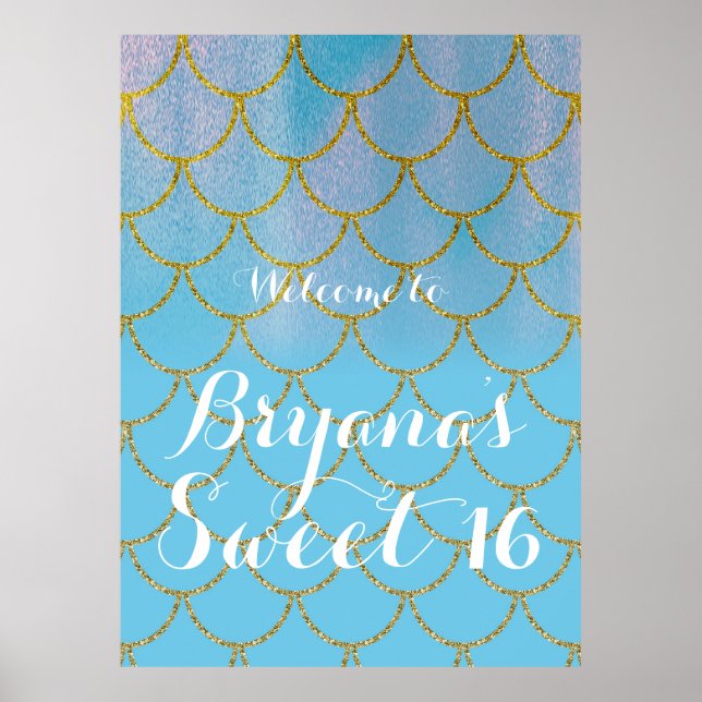 Blue & Gold Iridescent Shimmer Mermaid Party Poster (Vorne)