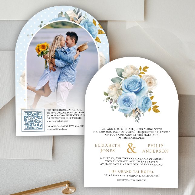 Blue Gold Ivory Floral Rose QR Code Foto Hochzeit Einladung (Von Creator hochgeladen)