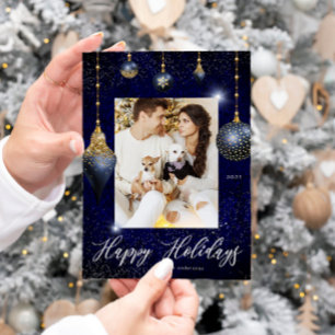 Blue Gold Jewel Ornament Foto Holiday Card Feiertagskarte