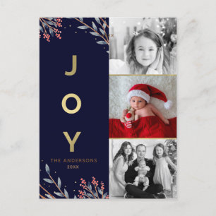 Blue & Gold JOY 3 Drei Foto-Feiertags-Weihnachten Feiertagspostkarte