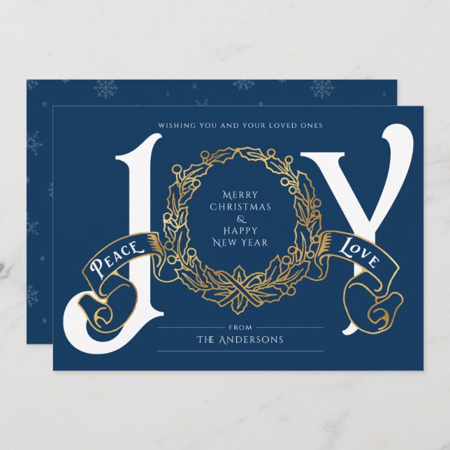 Blue Gold Joy Peace Liebe Custom Christmas Card (Vorne/Hinten)